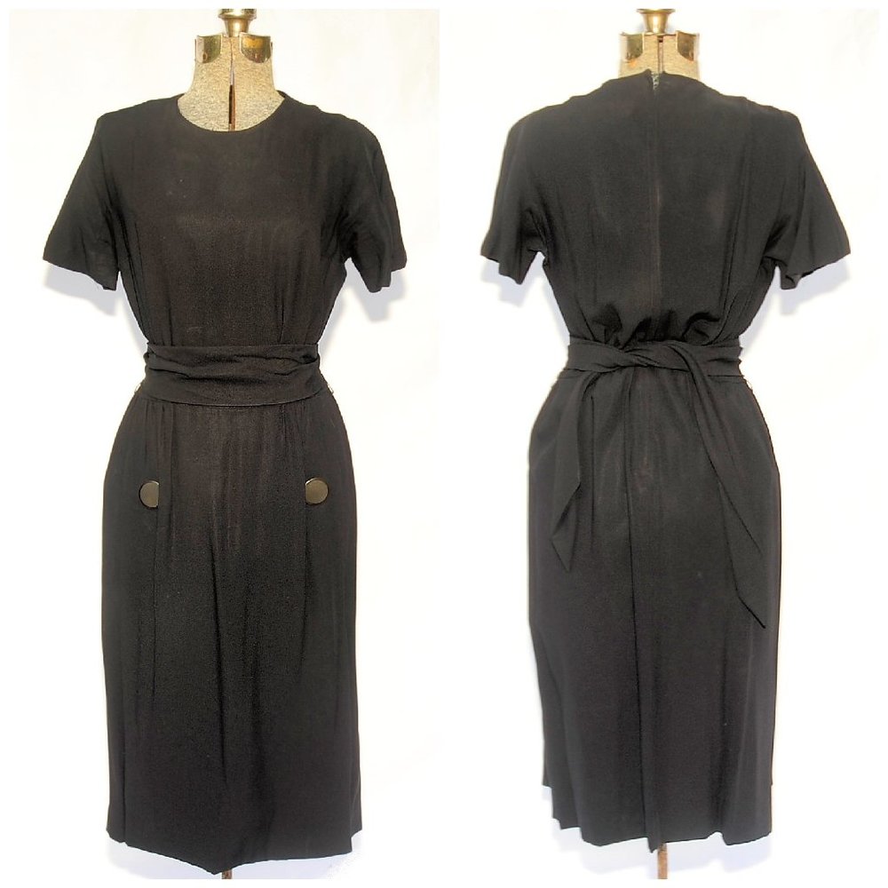 VTG 60's Black Crepe Cocktail Party Dress MED Button & Pleating Detail Sash Belt